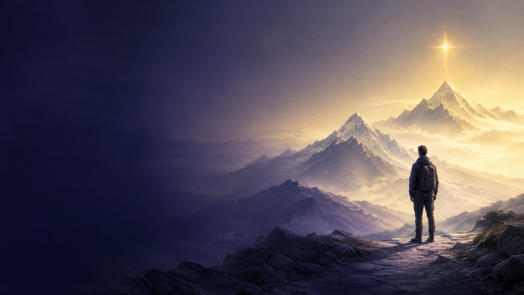A traveler looking across three mountain peaks toward a radiant guiding star